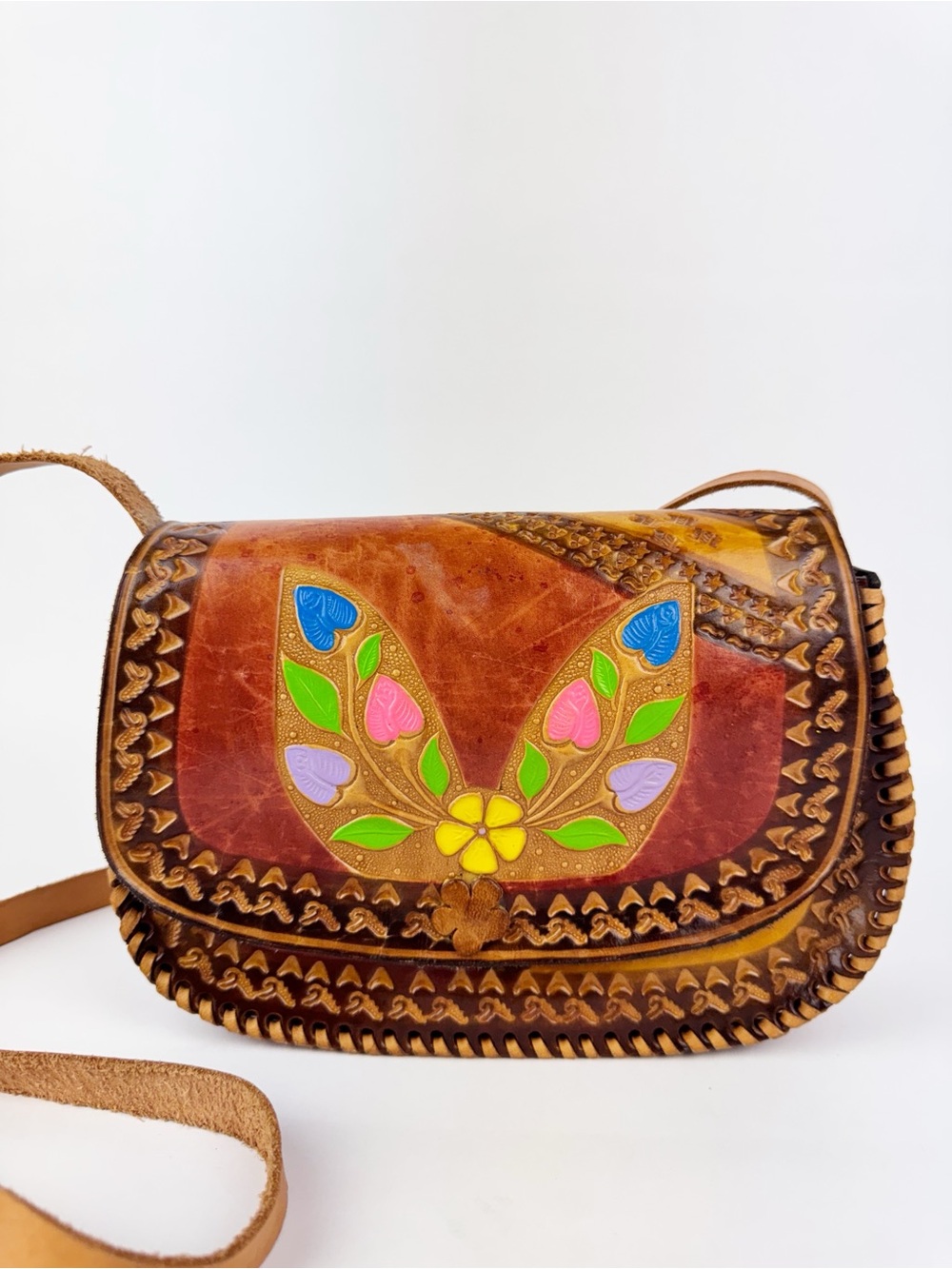 Mexico Boho Hand Tooled Leather Shoulder Crossbody Bag Bright Floral Design